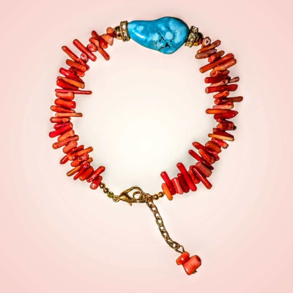 Turquoise and Red Coral Bracelet